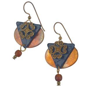 Handcrafted Geometric Copper & Blue Earrings Swirl Design & Bead Drop Accents